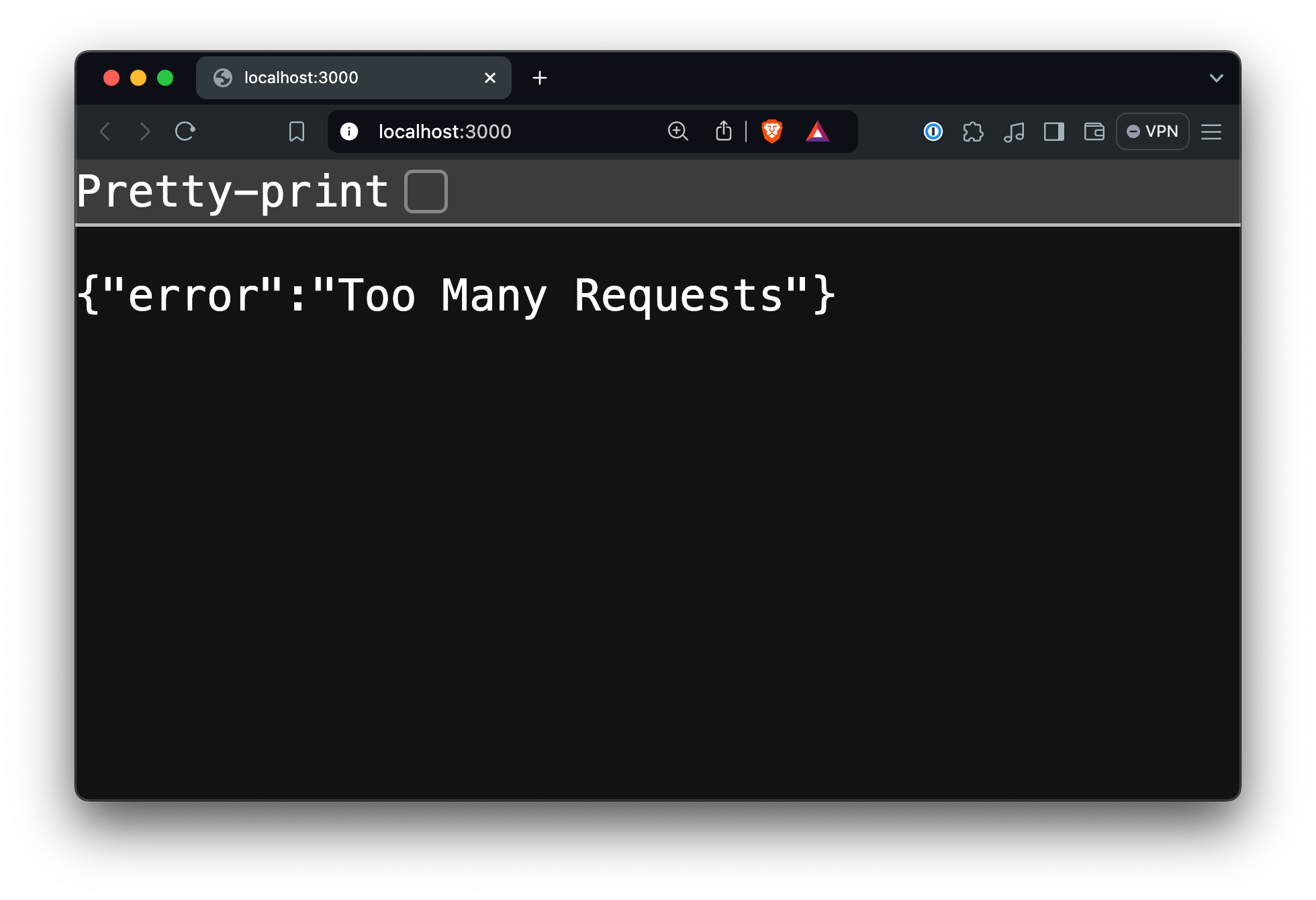 Screenshot of the example Node.js + Express app displaying {"error":"Too Many Requests"}