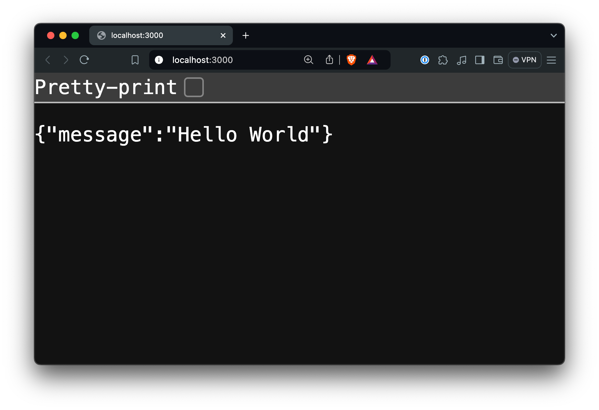 Screenshot of the example Node.js + Express app displaying {"message":"Hello World"}